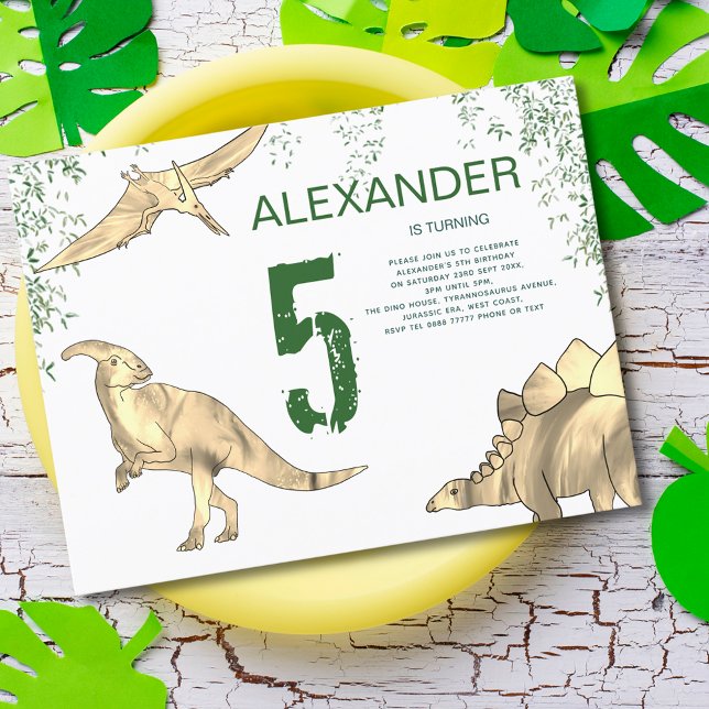 Dinosaur Jungle 5th Birthday Party budget  Invitation Postcard (Dinosaur jungle 5th birthday party budget invitation stegosaurus pterodactyl parasaurolophus)