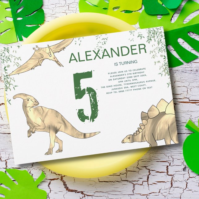 Dinosaur jungle 5th Birthday Party  Invitation (Dinosaur jungle 5th birthday party invitation pterodactyl stegosaurus and parasaurolophus)