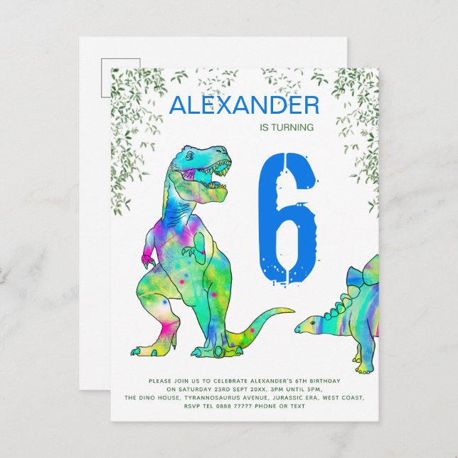 Dinosaur  jungle 6th Birthday Party budget blue Invitation Postcard (Front/Back)