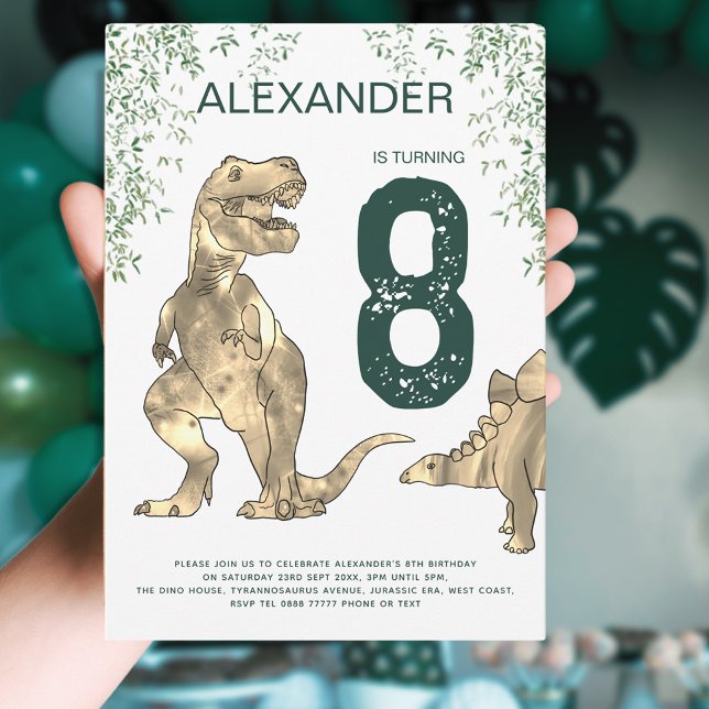 Dinosaur Jungle 8th Birthday Party Green Invitation (Dinosaur T-Rex jungle 8th birthday party invitation green and brown stegosaurus and tyrannosaurus )