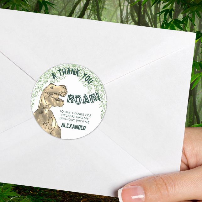 Dinosaur Jungle Birthday Party Thank You Classic Round Sticker (T-Rex dinosaur jungle birthday party thank you personalized sticker)