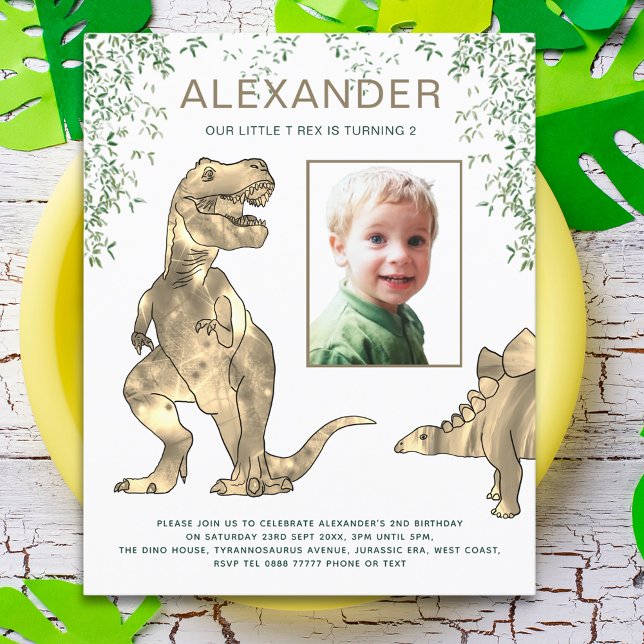 Dinosaur Jungle Boys Birthday (Dinosaur jungle T-Rex and stegosaurus 2nd birthday party budget invitation with photo template )