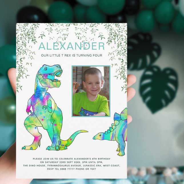 Dinosaur Jungle Photo Birthday Party Invitation (Dinosaur 4th birthday party with photo template)