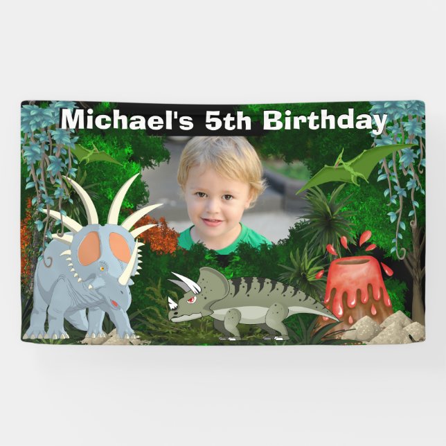 Dinosaur jungle volcano boys birthday photo banner (Horizontal)