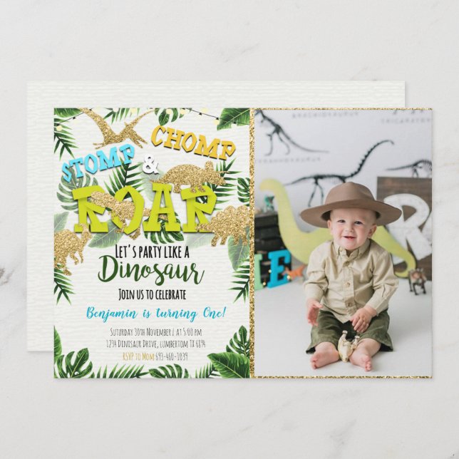 Dinosaur Jurassic Birthday Invitation With Photo (Front/Back)