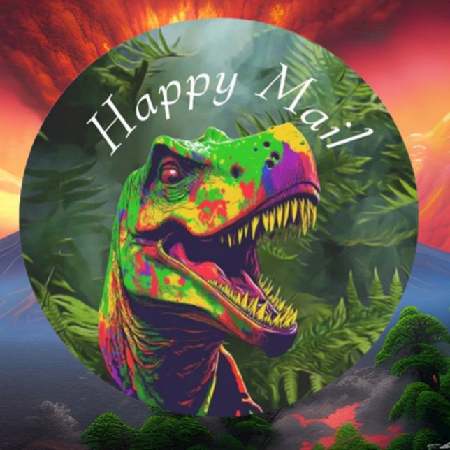 Dinosaur Jurassic Jungle Happy Mail Classic Round Sticker (Bring your dream party to life with our selection of quality Dinosaur themed party supplies )