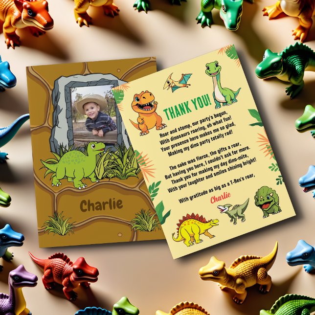 Dinosaur Jurassic Prehistoric Cute Cartoon Photo Thank You Card (Creator Uploaded)
