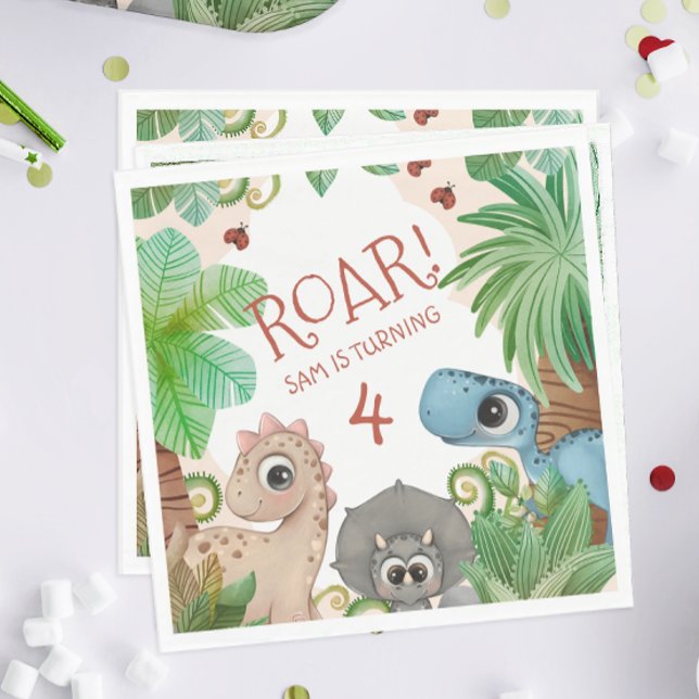 Dinosaur Kids 4th Birthday Napkin (Dinosaur Birthday Party Napkins)