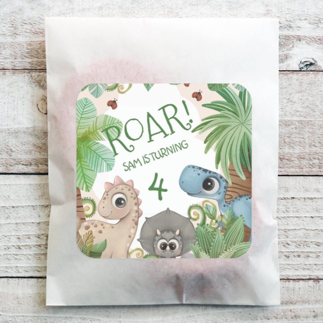 Dinosaur Kids 4th Birthday Square Sticker (Personalized Dinosaur Birthday Party Stickers)