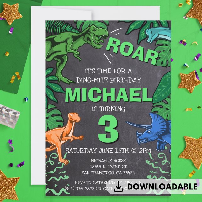 Dinosaur Kids Birthday Dino Trex Chalkboard Boy Invitation (Dinosaur Kids Birthday Dino Trex Chalkboard Boy Invitation)