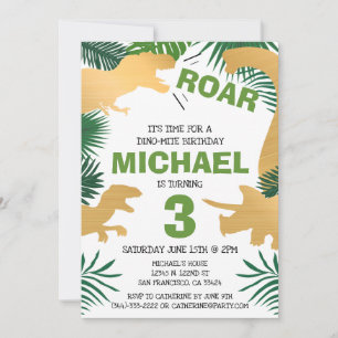 Dinosaur Kids Birthday Gold Dinos Trex Boy Invitation
