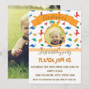 Dinosaur kids birthday party baby boy photo invitation