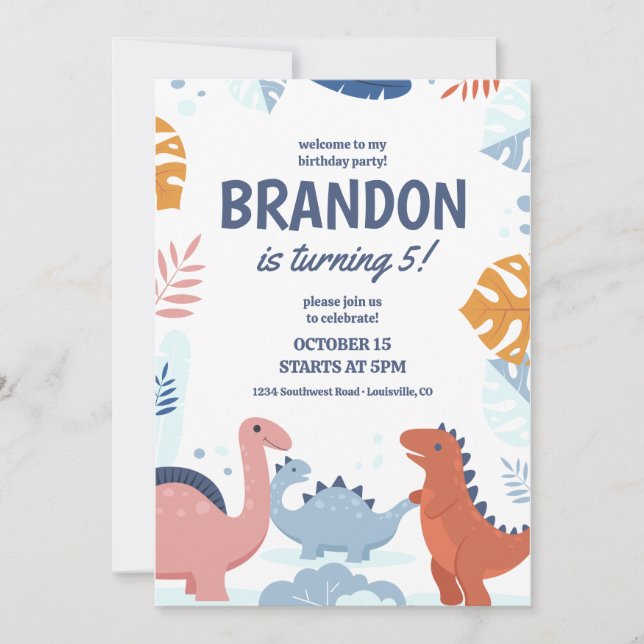 Dinosaur Kids Birthday Party Invite, Printable Inv Invitation (Front)