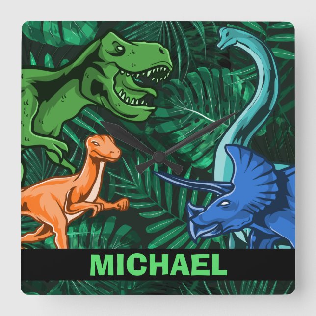 Dinosaur Kids Dino Jurassic Trex Boy Personalised Square Wall Clock (Front)