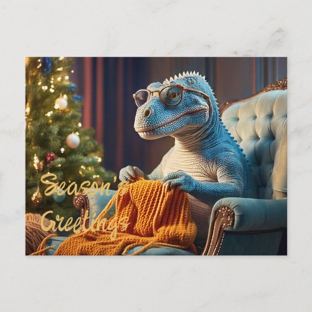 Dinosaur knitting Merry Christmas Holiday Postcard (Front)