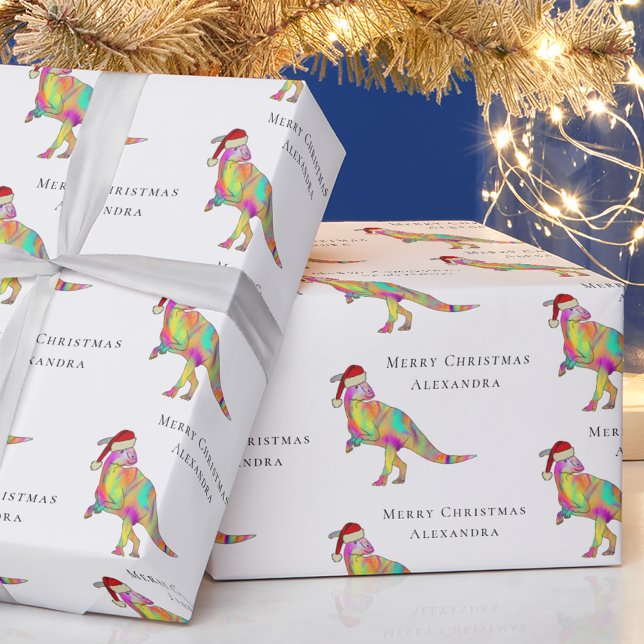 Dinosaur Merry Christmas Personalised Girl Name Wrapping Paper (Personalized girl name merry Christmas dinosaur parasaurolophus wrapping paper Watercolor dino Santa)