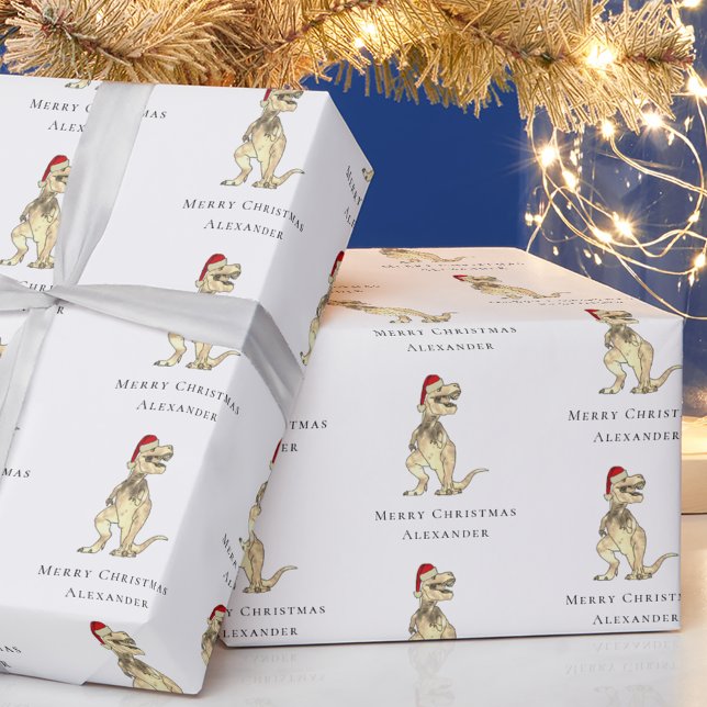 Dinosaur Merry Christmas Personalised Wrapping Paper (Christmas dinosaur personalized boy name funny T-Rex Santa holiday gift wrapping paper Festive fun)