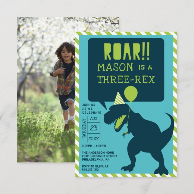 Dinosaur Modern Three Rex Birthday Invite (Front/Back)
