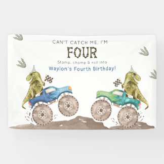 Dinosaur & Monster Truck 4th Birthday Vinyl Banner