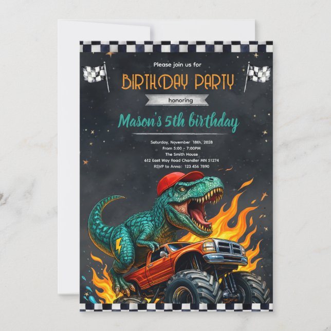 Dinosaur Monster Truck Birthday Invitation (Front)