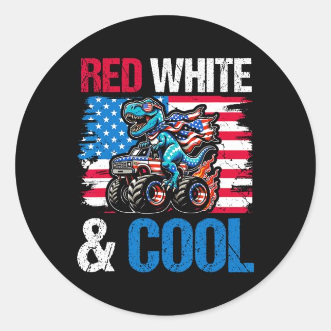 Dinosaur Monster Truck Dino 4th Of July Boys Ameri Classic Round Sticker (Front)