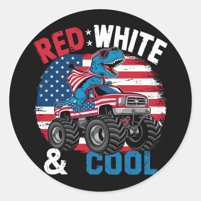 Dinosaur Monster Truck Dino 4th Of July Flag Boys Classic Round Sticker (Front)