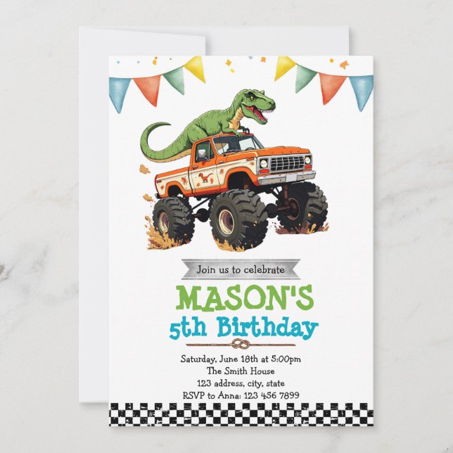 Dinosaur monster truck Invitation  (Front)