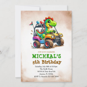 Dinosaur Monster Truck Kids Birthday Invitation