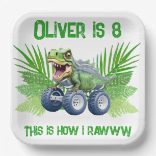 Dinosaur monster truck personalised birthday  paper plate