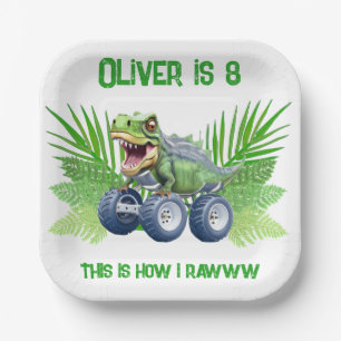 Dinosaur monster truck personalised birthday  paper plate