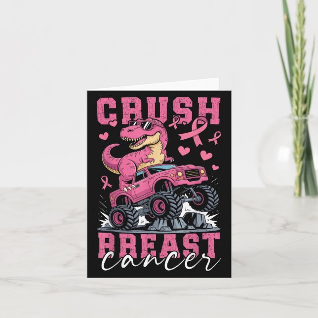 Dinosaur Monster Truck Pink Ribbon Crush Breast Ca Card (Front)
