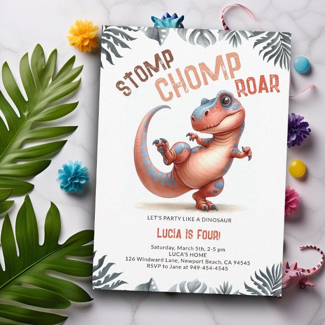 Dinosaur Moves Cool Stomp Chomp Roar Kids Birthday Invitation (Dinosaur kids birthday invitation dino stomp chomp roar pre historic jungle hip dance party cute fun)