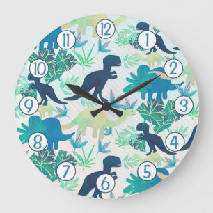 Dinosaur Navy Blue Green Teal Wall Clock