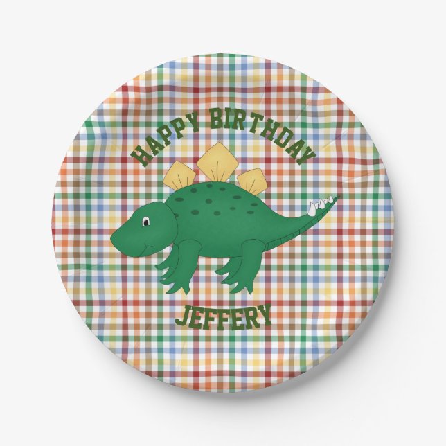 Dinosaur on Colourful Plaid Kids Birthday Party Paper Plate (Front)
