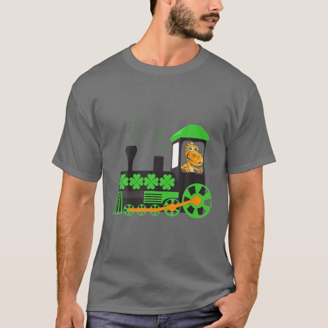 Dinosaur On Train St Patrick's Day Train Irish Sha T-Shirt (Front)