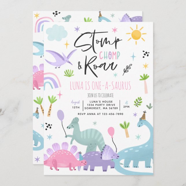 Dinosaur One-A-Saurs 1st Birthday Party Invitation (Front/Back)
