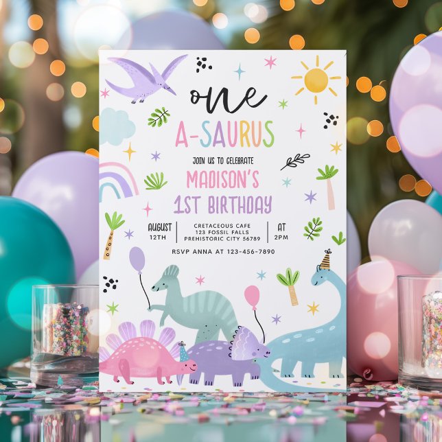 Dinosaur One-A-Saurs Pink T-Rex 1st Birthday Party Invitation (Creator Uploaded)