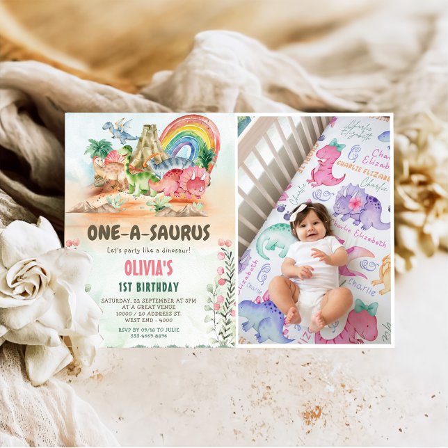 Dinosaur One-A-Saurus 1st Birthday Party Photo Invitation (Creator Uploaded)