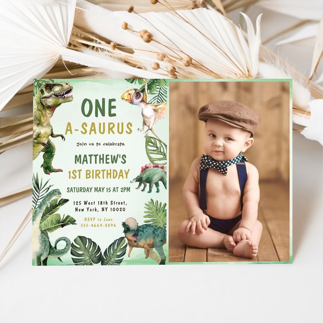 Dinosaur One-A-Saurus 1st Birthday Party Photo Invitation (Creator Uploaded)
