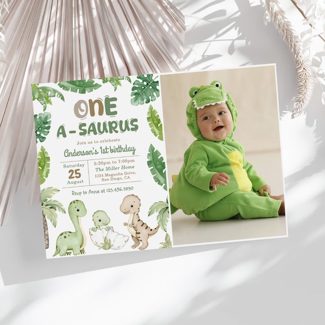 Dinosaur One-A-Saurus 1st Birthday Party Photo Invitation (Creator Uploaded)