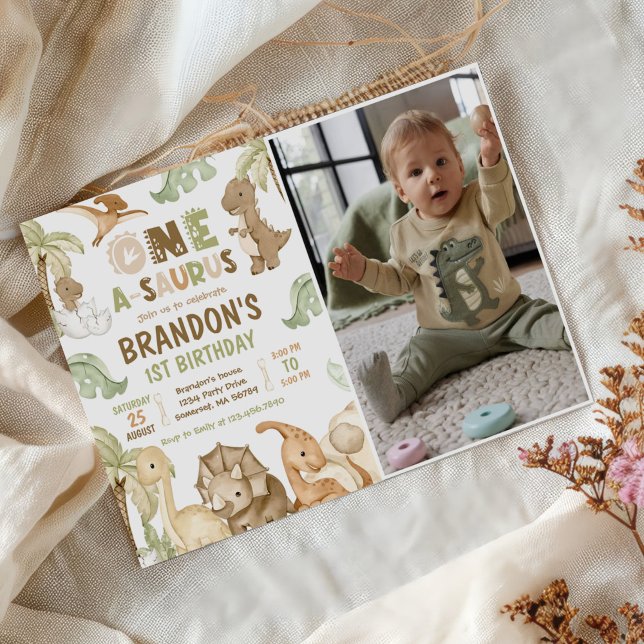 Dinosaur One-A-Saurus 1st Birthday Party Photo Invitation (Creator Uploaded)