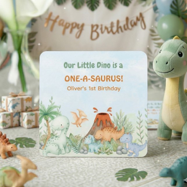 Dinosaur One-A-Saurus 1st Birthday  Square Paper Coaster (One-A-Saurus Dinosaur 1st Birthday Paper Coaster)