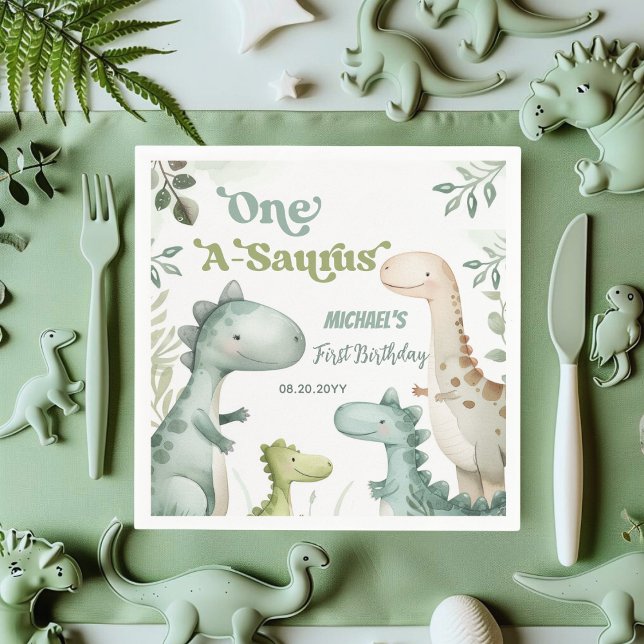 Dinosaur One-A-Saurus Boy 1st Birthday Napkin (Creator Uploaded)