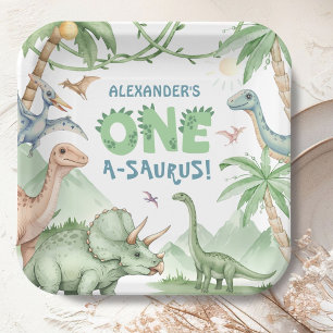 Dinosaur One-A-Saurus Boy 1st Birthday Paper Plate