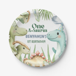 Dinosaur One-A-Saurus Boy 1st Birthday Party Invit Paper Plate