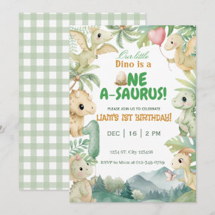 Dinosaur One-A-Saurus Boy 1st Birthday Party Invitation