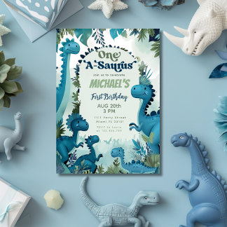 Dinosaur One-A-Saurus Boy Blue 1st Birthday Party Invitation