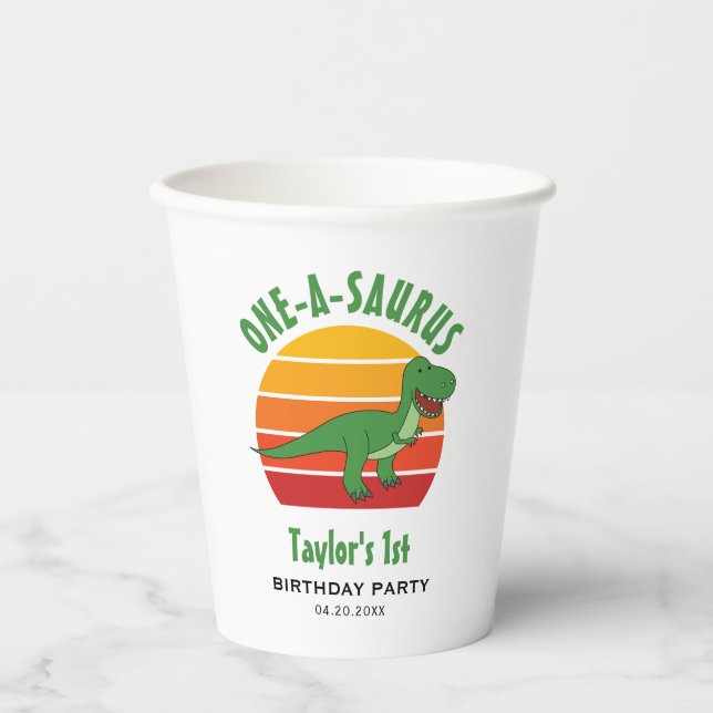 Dinosaur One-A-Saurus Gender Neutral 1st Birthday Paper Cups (Front)