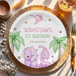 Dinosaur One-A-Saurus Girl 1st Birthday Party Paper Plate