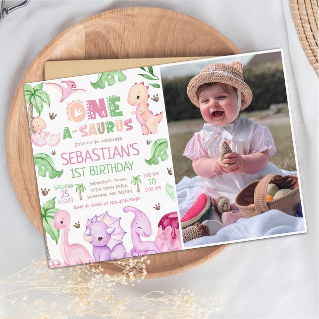 Dinosaur One-A-Saurus Girl 1st Birthday Photo Invitation (Creator Uploaded)